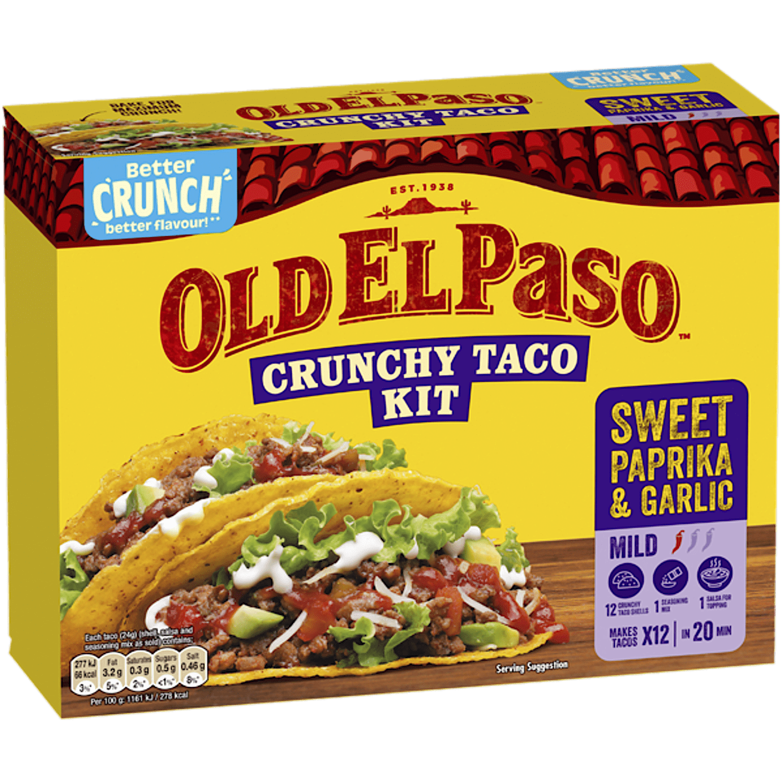 Sweet Paprika & Garlic taco kit packaging with filled tacos on a yellow box.